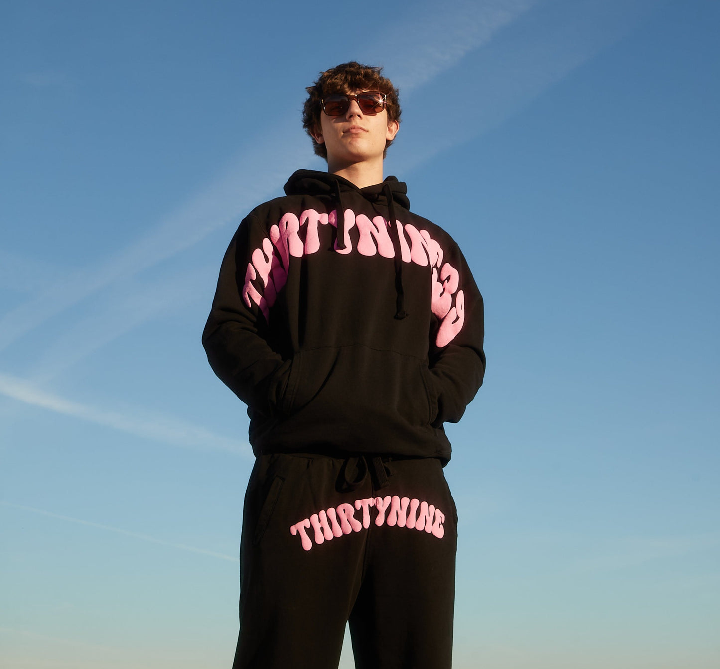 Thirty nine black and pink puff print sweatpants