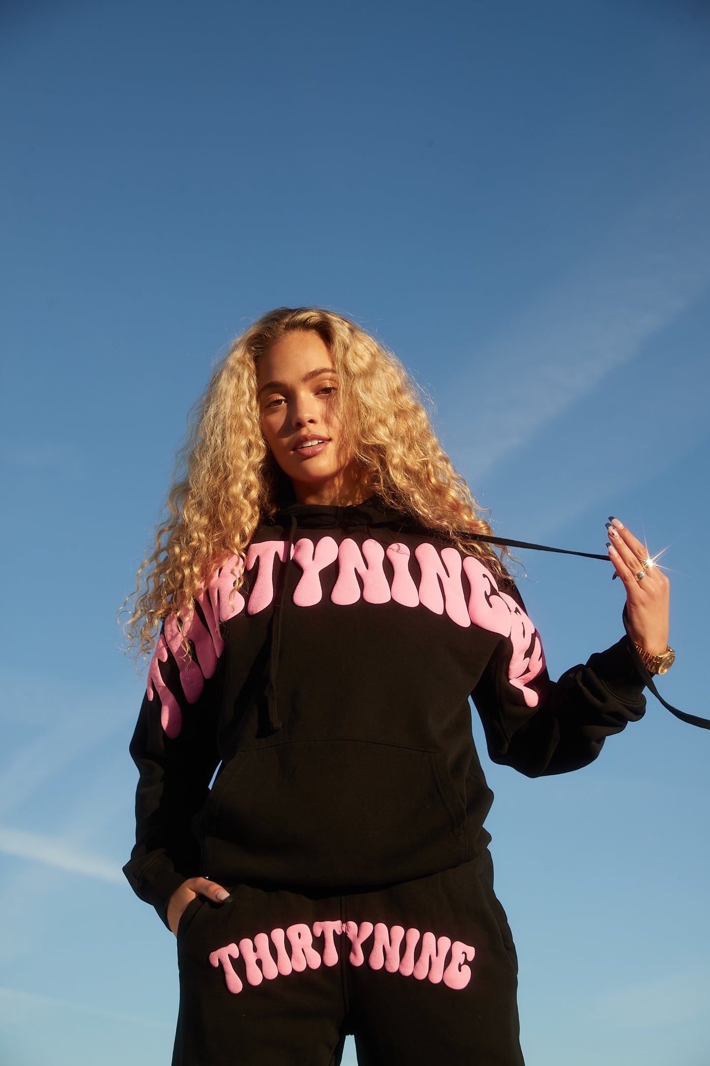 Thirty nine black and pink cross letter puff print hoodie