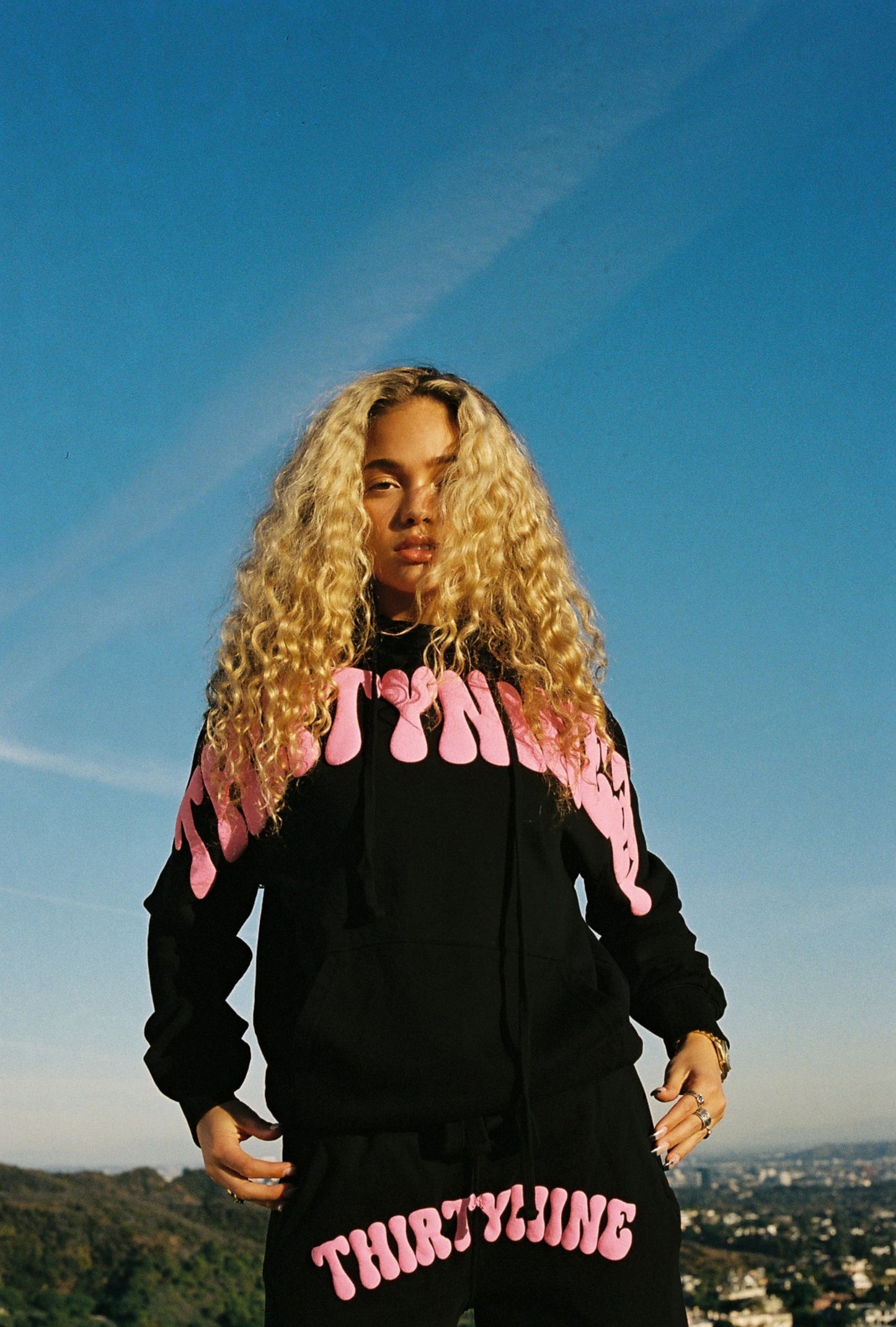 Thirty nine black and pink cross letter puff print hoodie